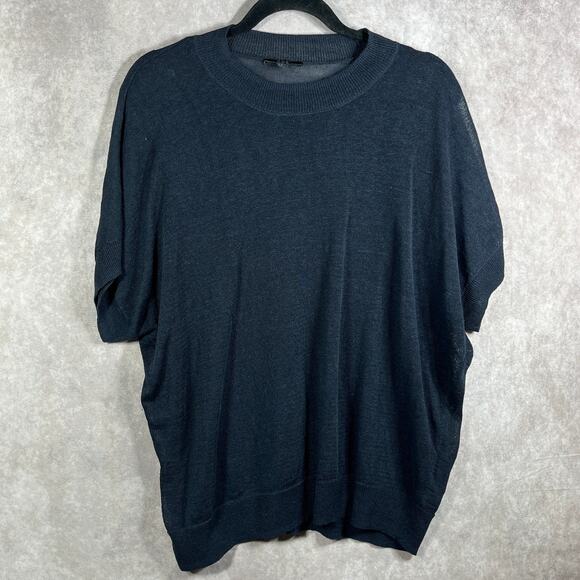 COS Sweater Womens Medium Navy Blue Knit Linen Silk Blend Short Sleeve Pullover - Picture 5 of 13